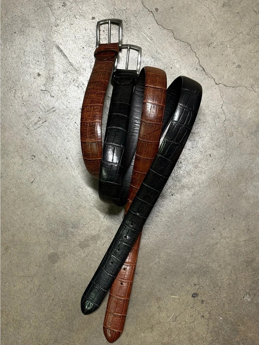Canali Pair Black Brown Alligator Style Italian Leather Belts Size 34-36 Bundle
